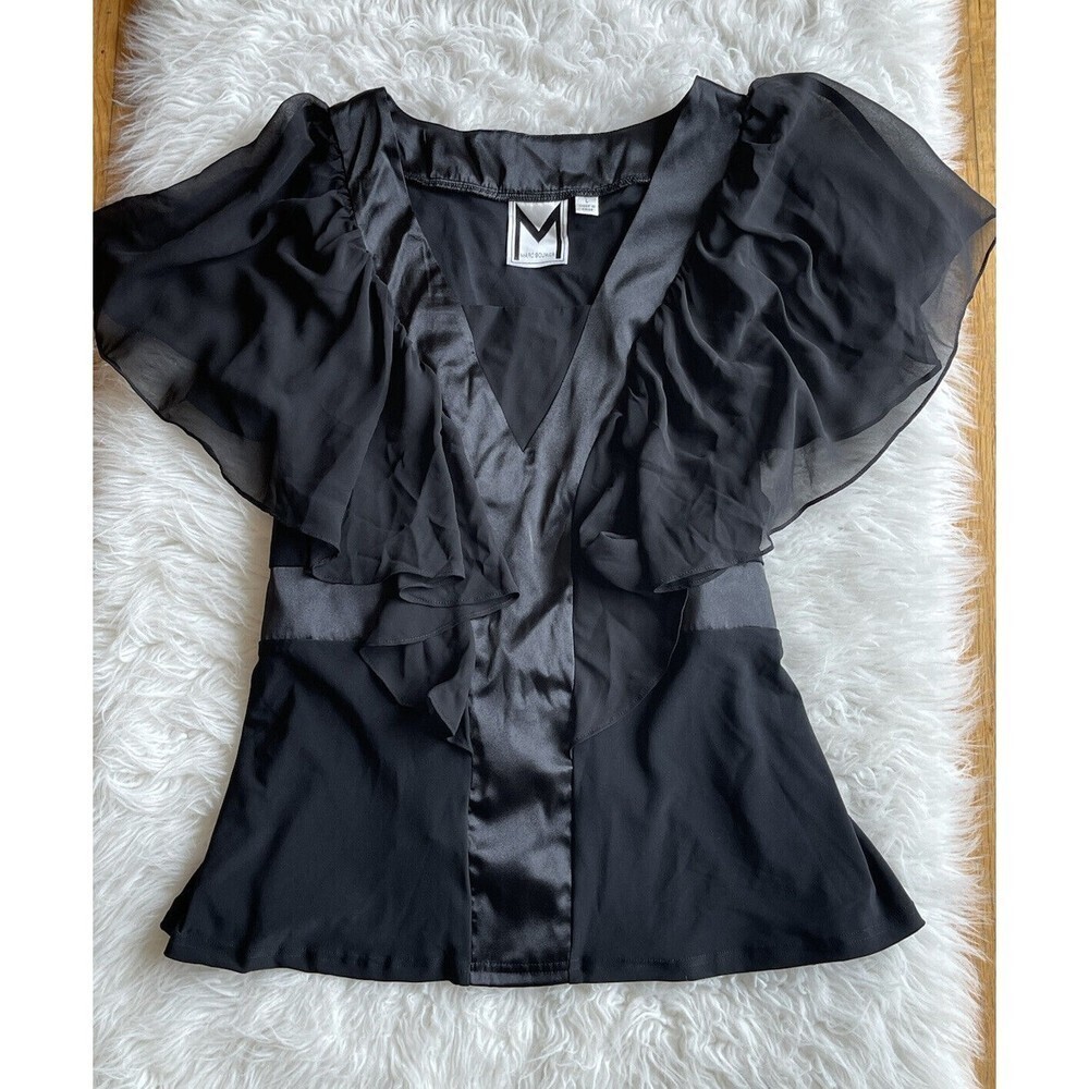 Marc Bouwer Women’s Large Black Flutter Sleeve Blouse Top QVC NWOT P22